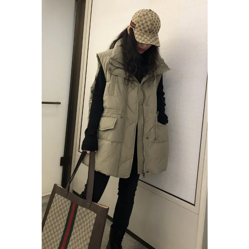 Luxury Women's Winter White Duck Down Vest New Warm Fluffy Fashion Loose Down Jacket Waistcoat Ties Pockets Zipper Tops