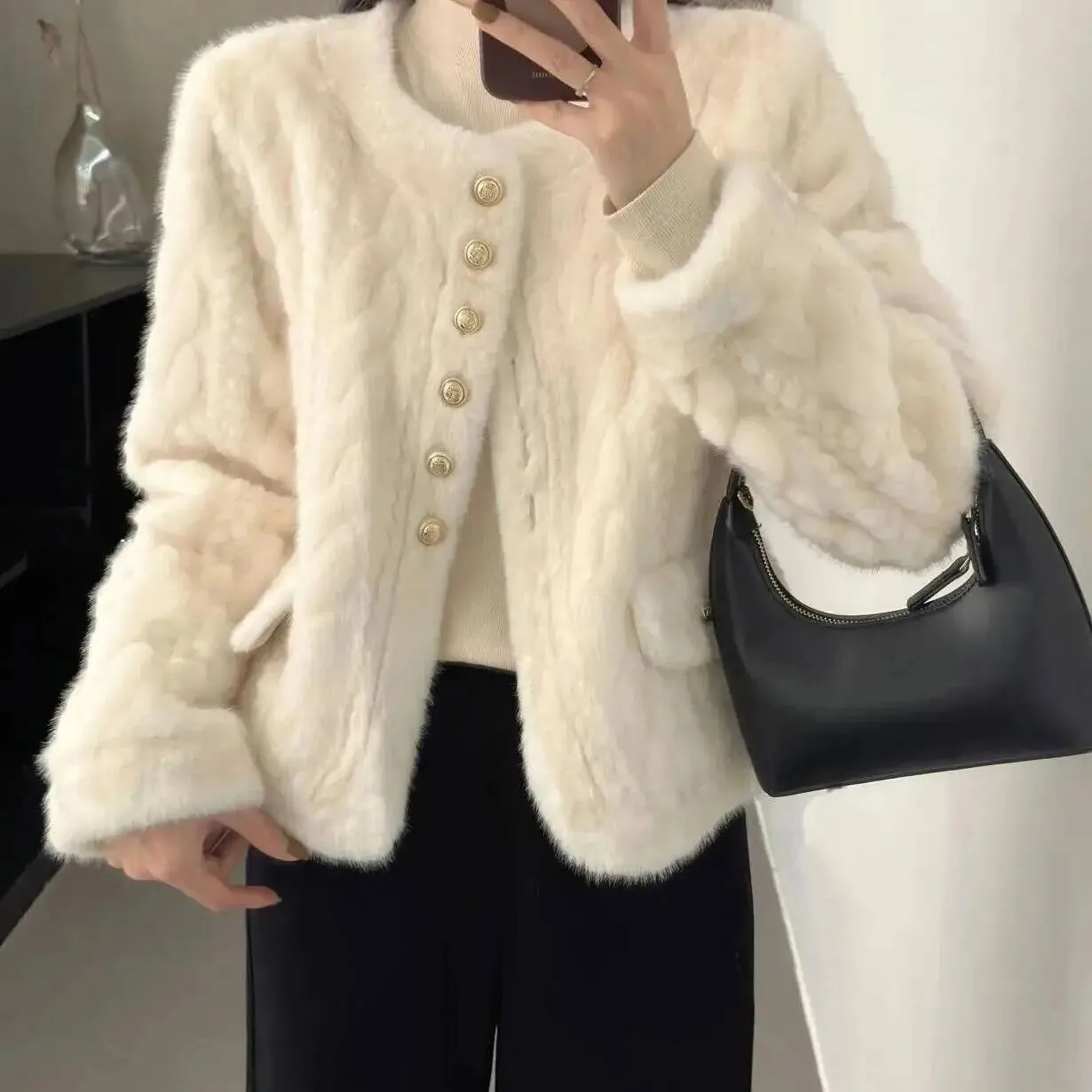 

Winter Women's Fur Quilted Plaid Outerwear Button Detail Round Ne Long Commute Coat