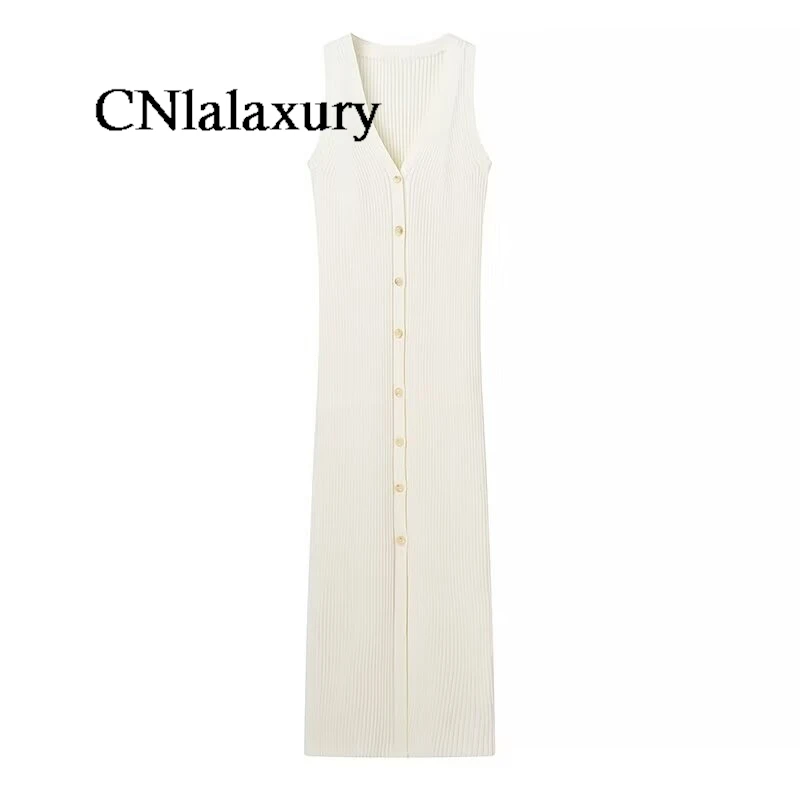 CNlalaxury Women 2024 Summer New Fashion Vest abito lavorato a maglia Chic con scollo a v Button Slim All-match abiti Vestidos Mujer