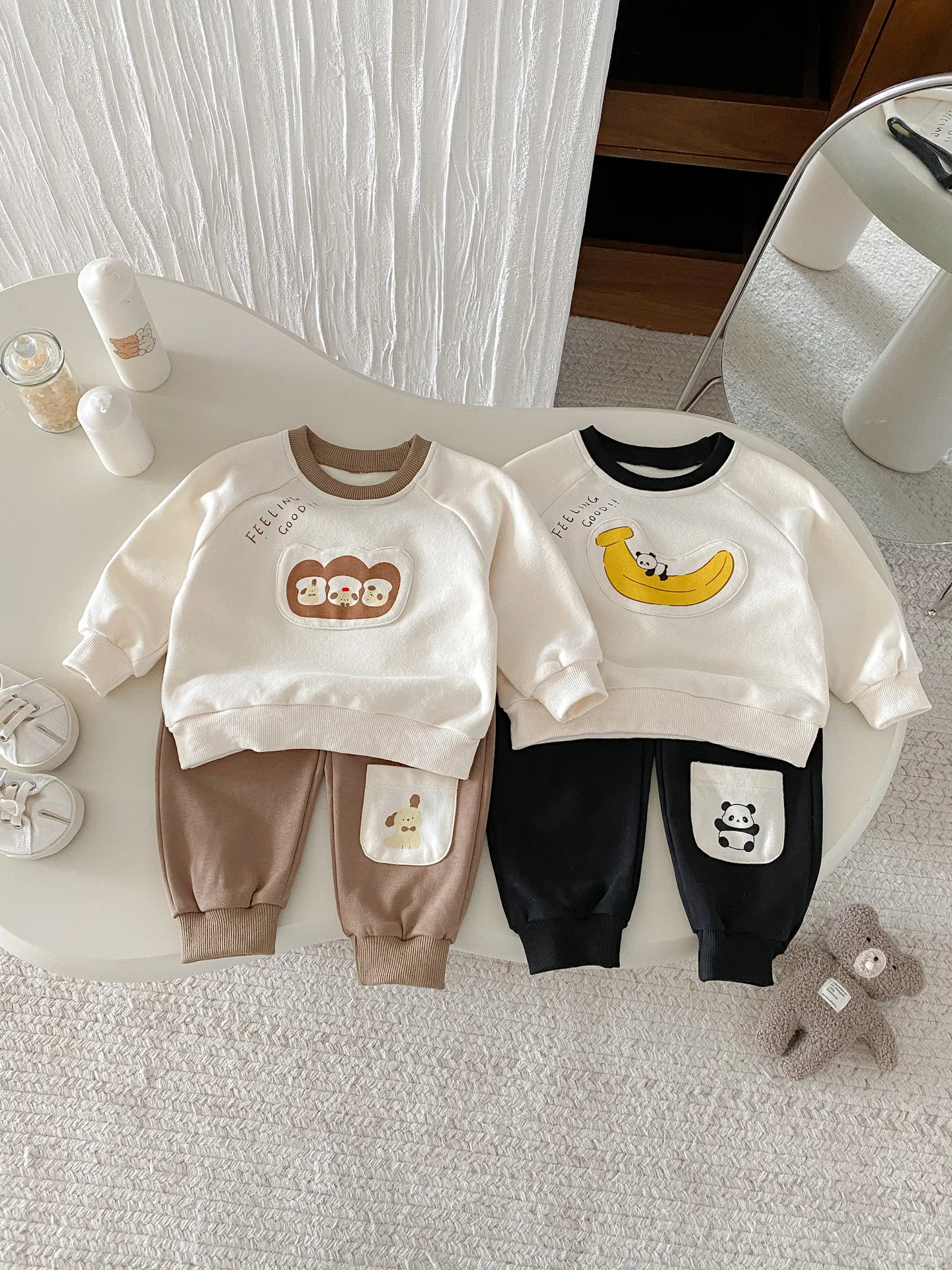 

0-4Y Baby Boy Cotton Applique Sweatshirt and Pants Sets Toddler Kids Girls Cartoon Color Block Neckline Soft Casual Daily Outfit