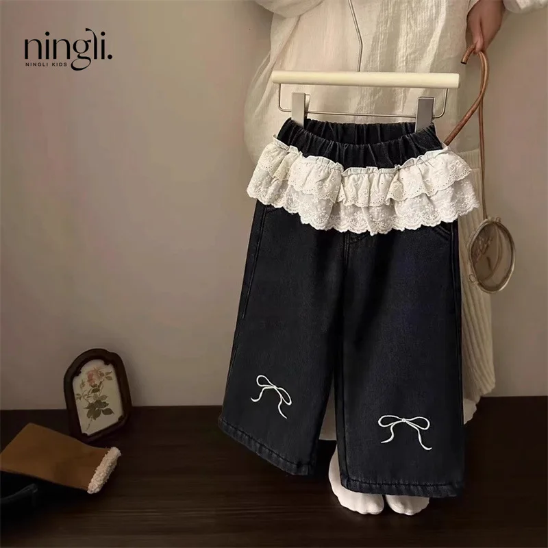 Autumn Winter Korean Toddler Girls Pants Lace Waist Embroidered Bow Plus Velvet Children Girls Jeans Kids Girls Wide Leg Pants