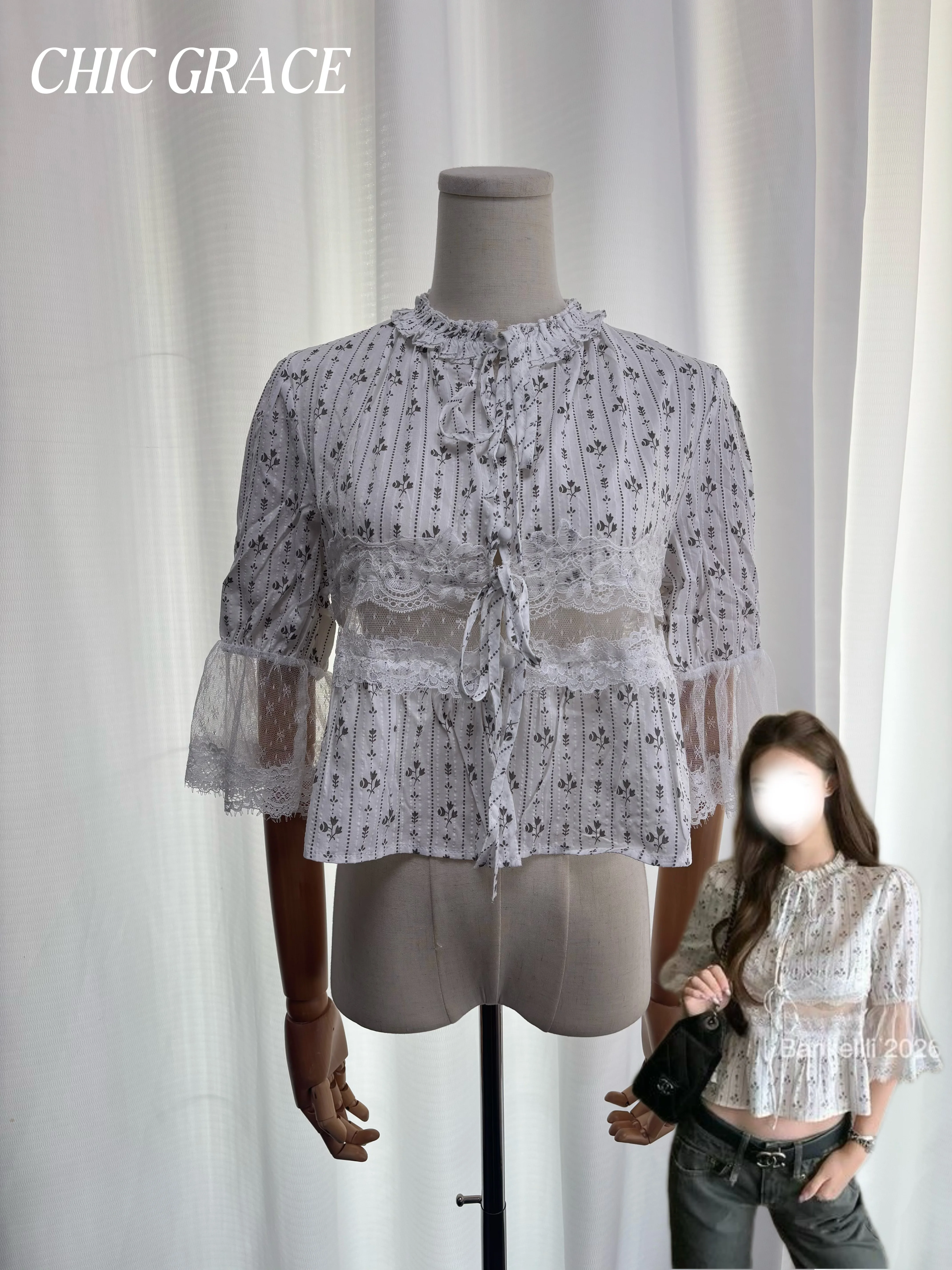 

Real Shot Women's White Lace Ruffle Blouse, 2026 Summer Korean Style Sheer Mesh Flare Sleeve Tie Neck Crop Top Casual Streetwear