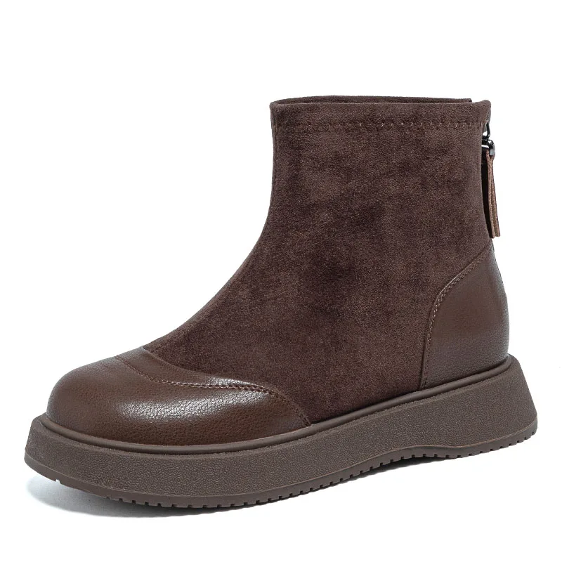 DRKANOL Fashion Women Flats Ankle Boots Round Toe Thick Sole Back Zipper Real Cowhide Sheep Suede Winter Warm Plush Short Boots