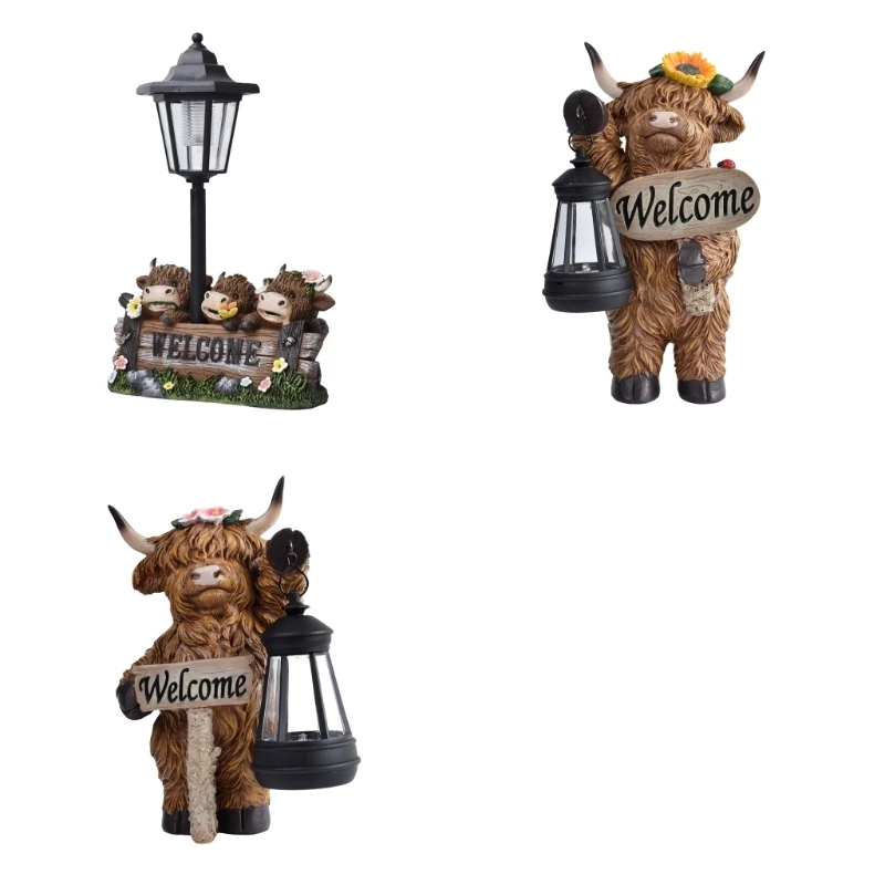 L9NB Cow Yard Statue Welcome Resin Garden Figure with Solar Light for Lawn Ornaments Porch, Entryway and Outdoor Display