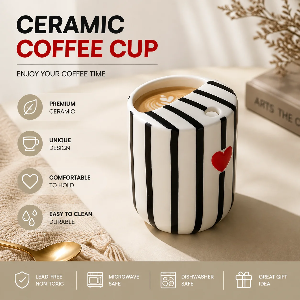 1 Stück Keramik-Kaffeetasse mit Trinkloch, rutschfeste gestreifte Handtasse für heiße Schokolade und kalte Getränke, Geschenk