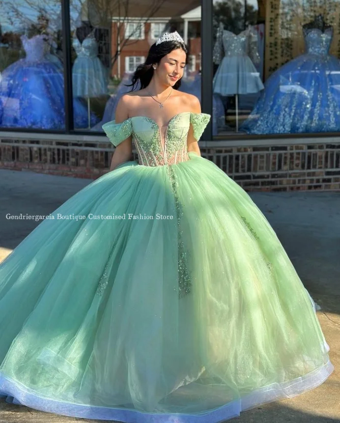 Vestidos de Quinceañera de princesa verde fruta, corsé transparente de un hombro, Apliques de encaje con cuentas, vestido de graduación, 2024