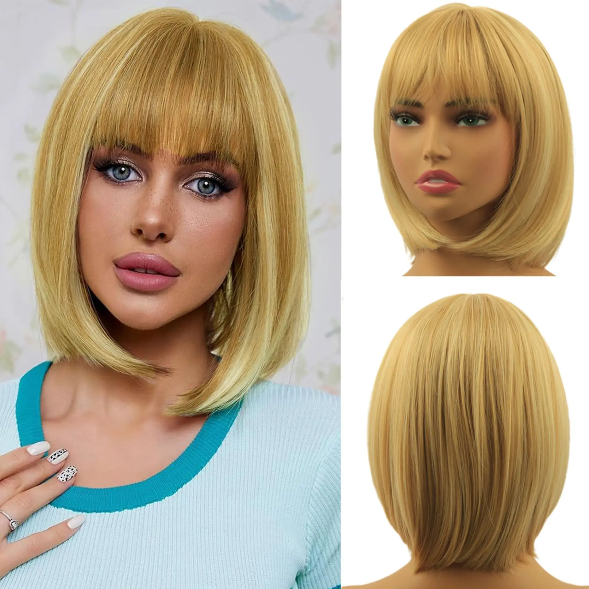 12inch blonde bobo short hair chemical fiber head cover straight wig cosplay hair cover white head cover