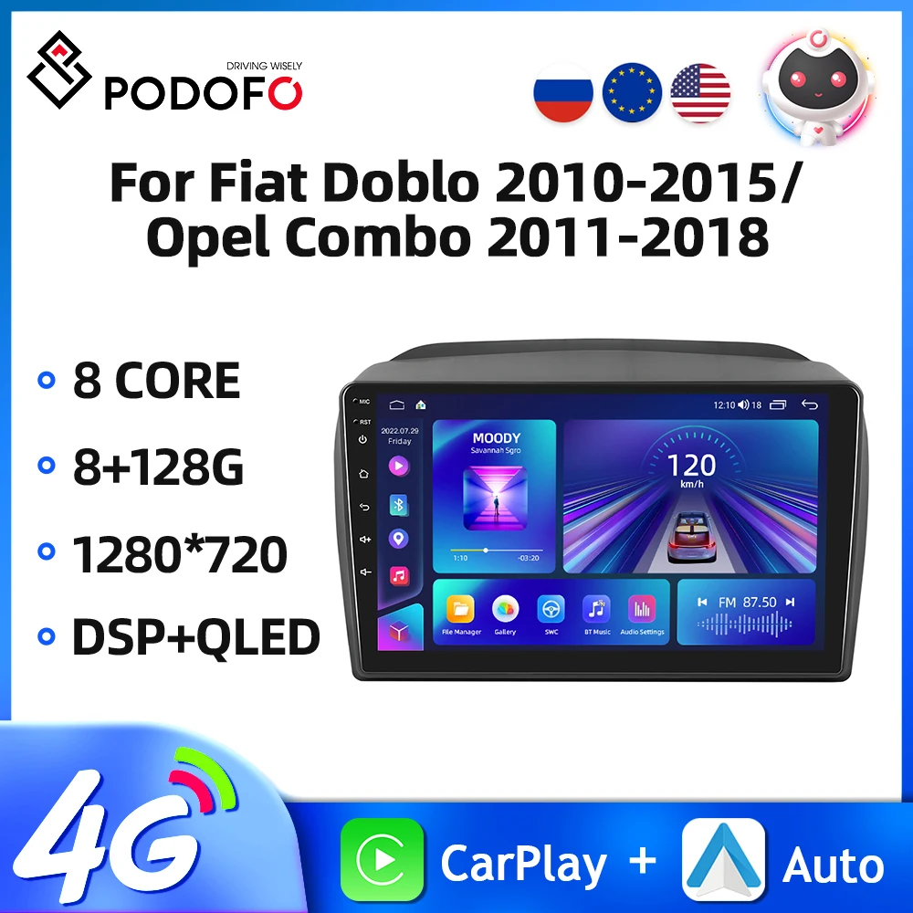 

Podofo 2Din 8Core Car Radio For Fiat Doblo 2010-2015/Opel Combo 2011-2018 Multimedia Player Carplay Android Auto WIFI Car Audio