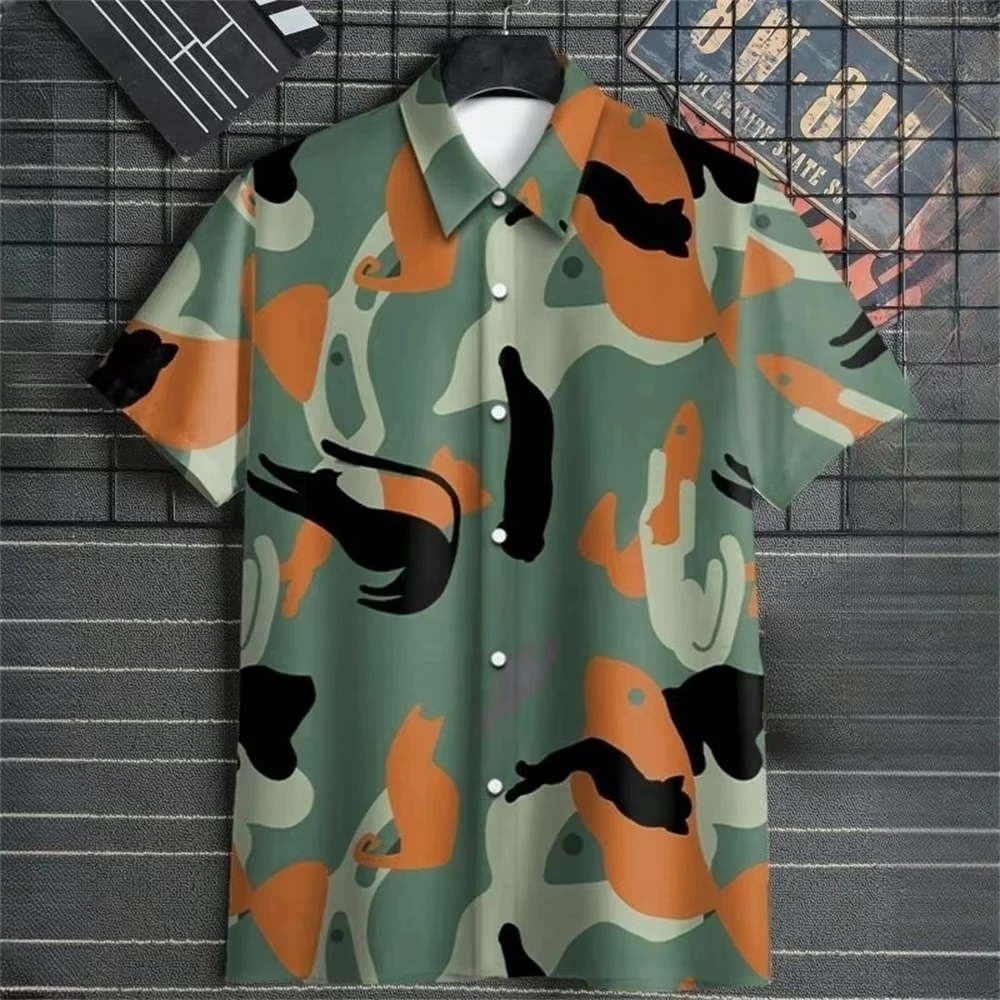Men's Summer Geometric Pattern Shirt Graffiti Print Fashionable Button-Down Short-Sleeve Shirt Lapel Hawaiian Shirt for Men