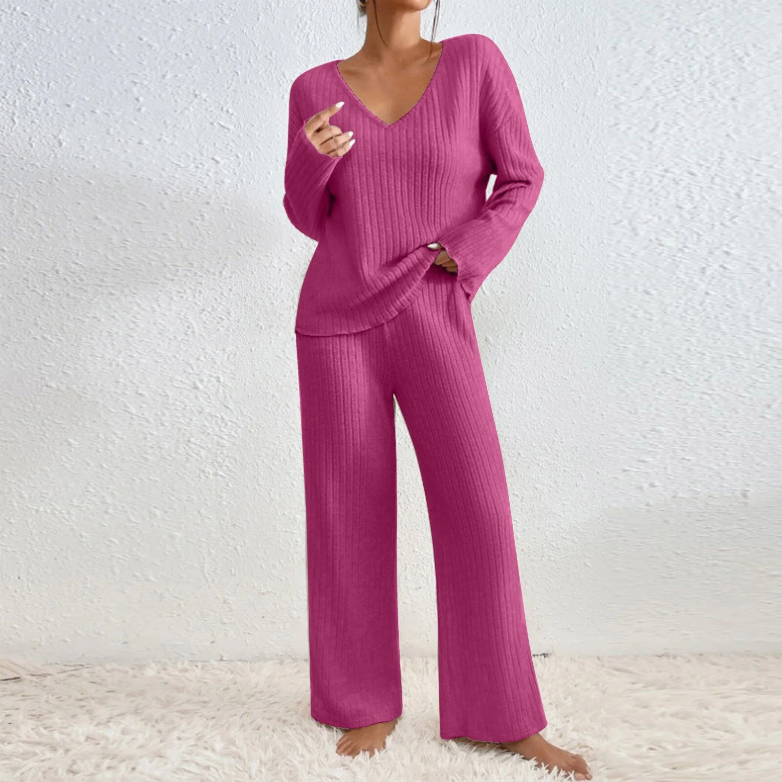 Damen Geripptes Strick-Zweiteiler-Set V-Ausschnitt Langarm-Oberteil Weite Hose Herbst Locker Lässige Loungewear Eleganter Hausanzug – Detail 9