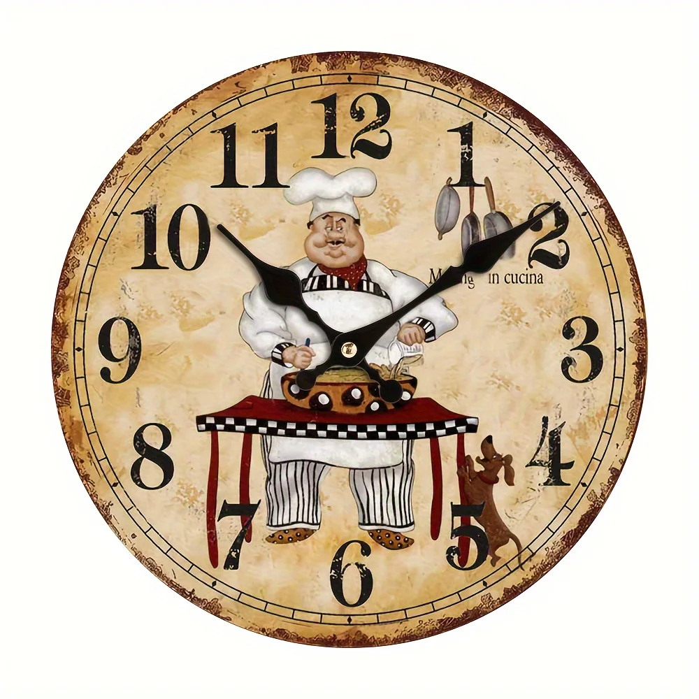 

Chef Design Vintage Wall Clock -Non-Ticking Wooden Fiberboard Kitchen Clock with Battery Power Mode for Home and Office Decor