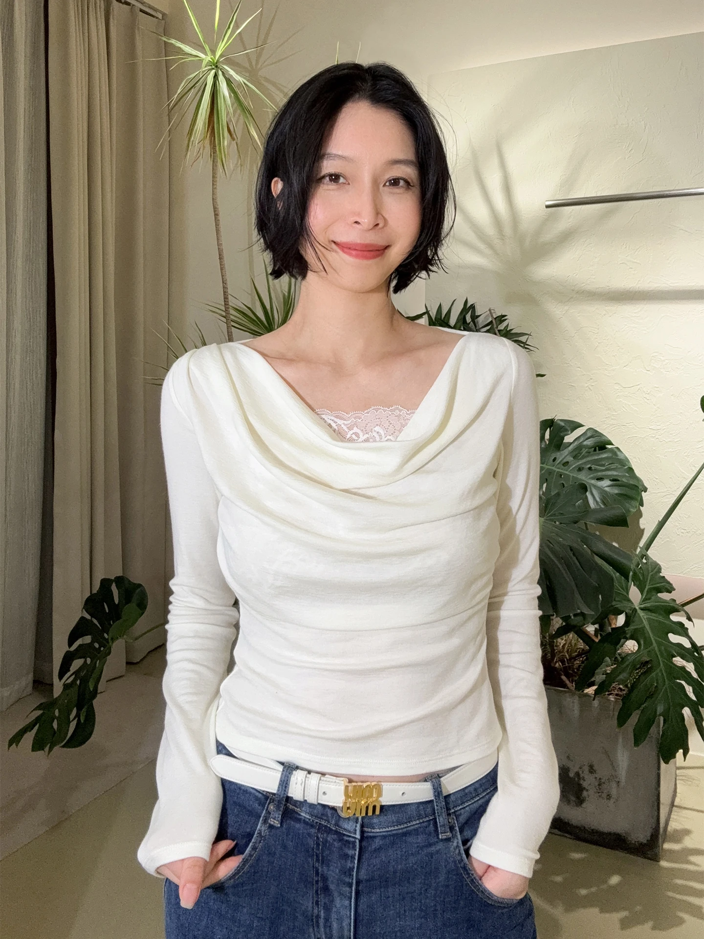 Daily Romance Winter Romance25 Prenda de punto de manga larga con inserciones de encaje, estilo antiedad, de un solo hombro, estilo francés, ajuste ceñido, moderno.