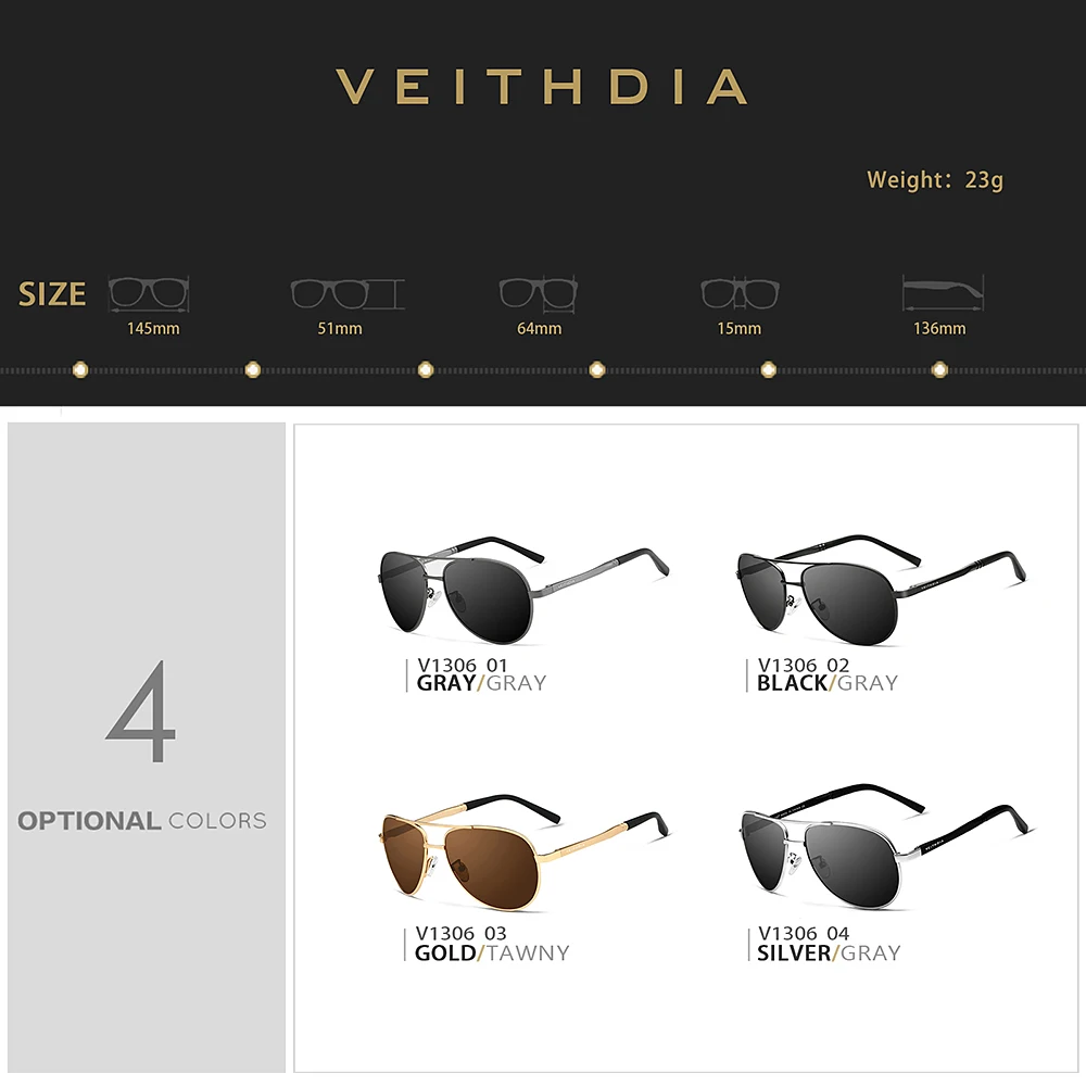 VEITHDIA Brand Designer Vintage Men Sunglasses Classic Pilot Polarized UV400 Lens Fishing Sun Glasses Driving For Male 1306