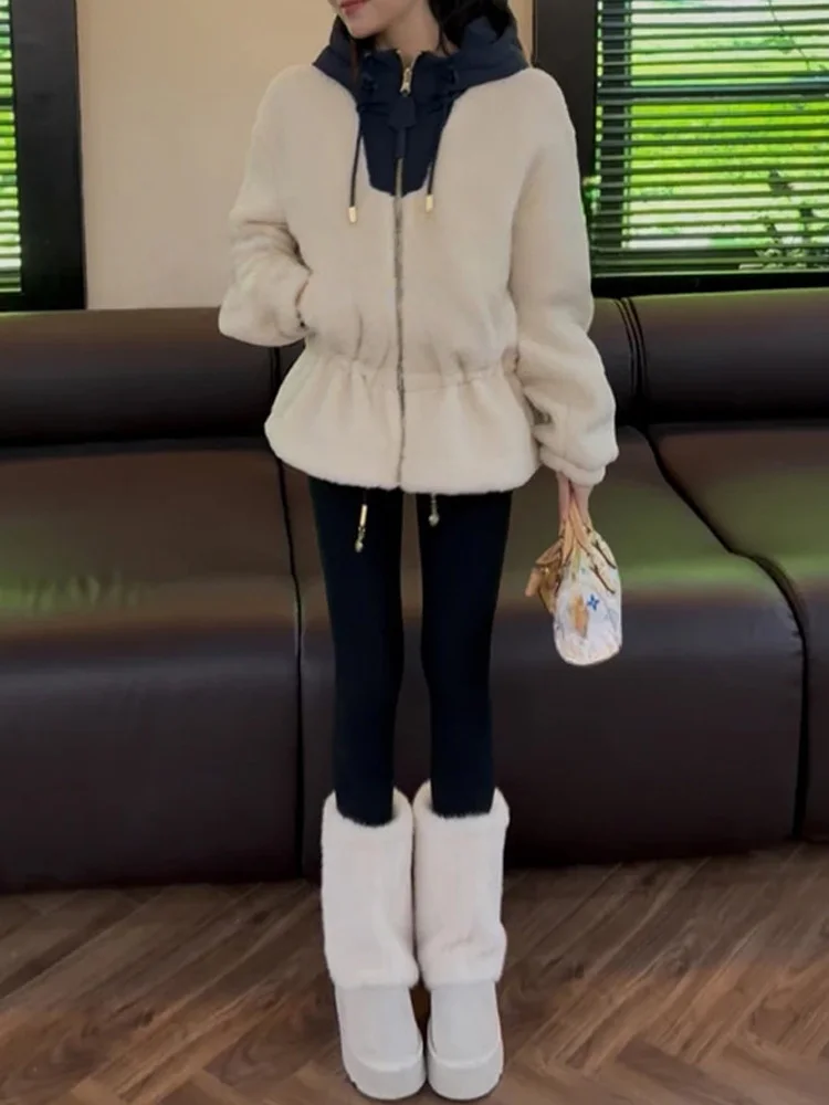 Double-Sided Wear Lamb Fur Jacket Women's Waist-Cinching Thickened Warm Top Vintage Style Long Sleeve Zipper Closure Casual Wear