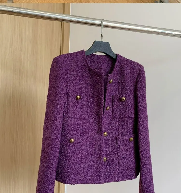 New Classic Tweed Gold Buckle Fall Winter Vintage Woolen Coats Elegant Fashion Outerwears Femme Jackets