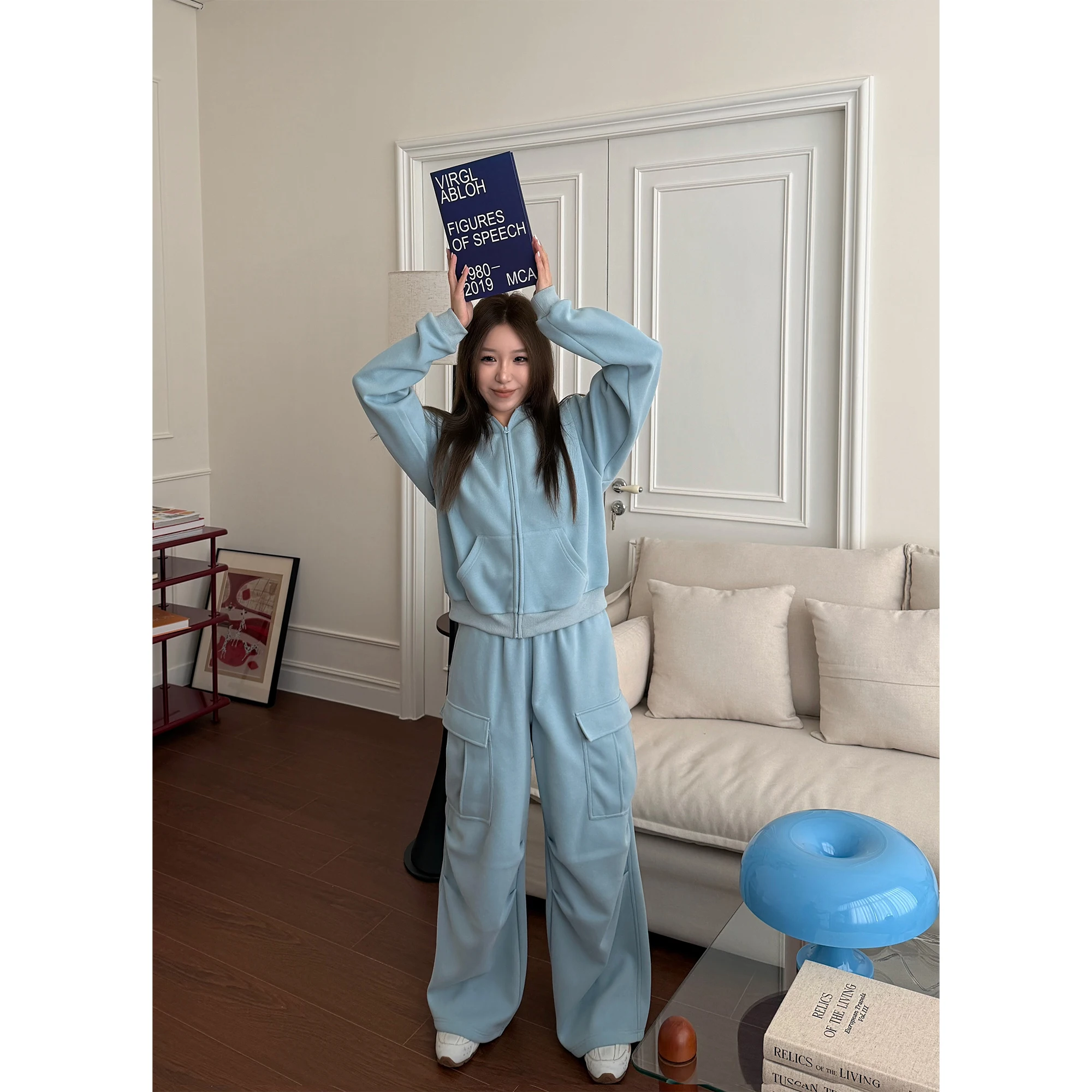 

Baby Blue Cloud Feel Loose Fit Sportswear Casual Pants Women's Hoodie Top Two-Piece Set Comfortable Breathable Cotton Blend