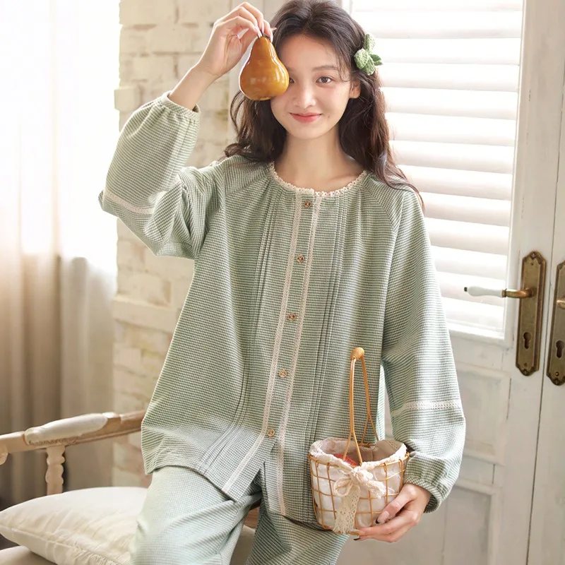 

Женский милый комплект одежды для сна с круглым вырезом и длинными рукавами, высококачественные фланелевые пижамы из чистого хлопка, осенне-зимняя стильная верхняя одежда