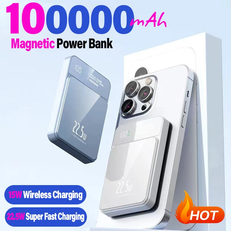 100000 Banco de energía mAh, cargador inalámbrico Qi magnético Magsafe 22,5 W, Banco de energía de carga súper rápida para iPhone, Samsung, Huawei, Xiaomi