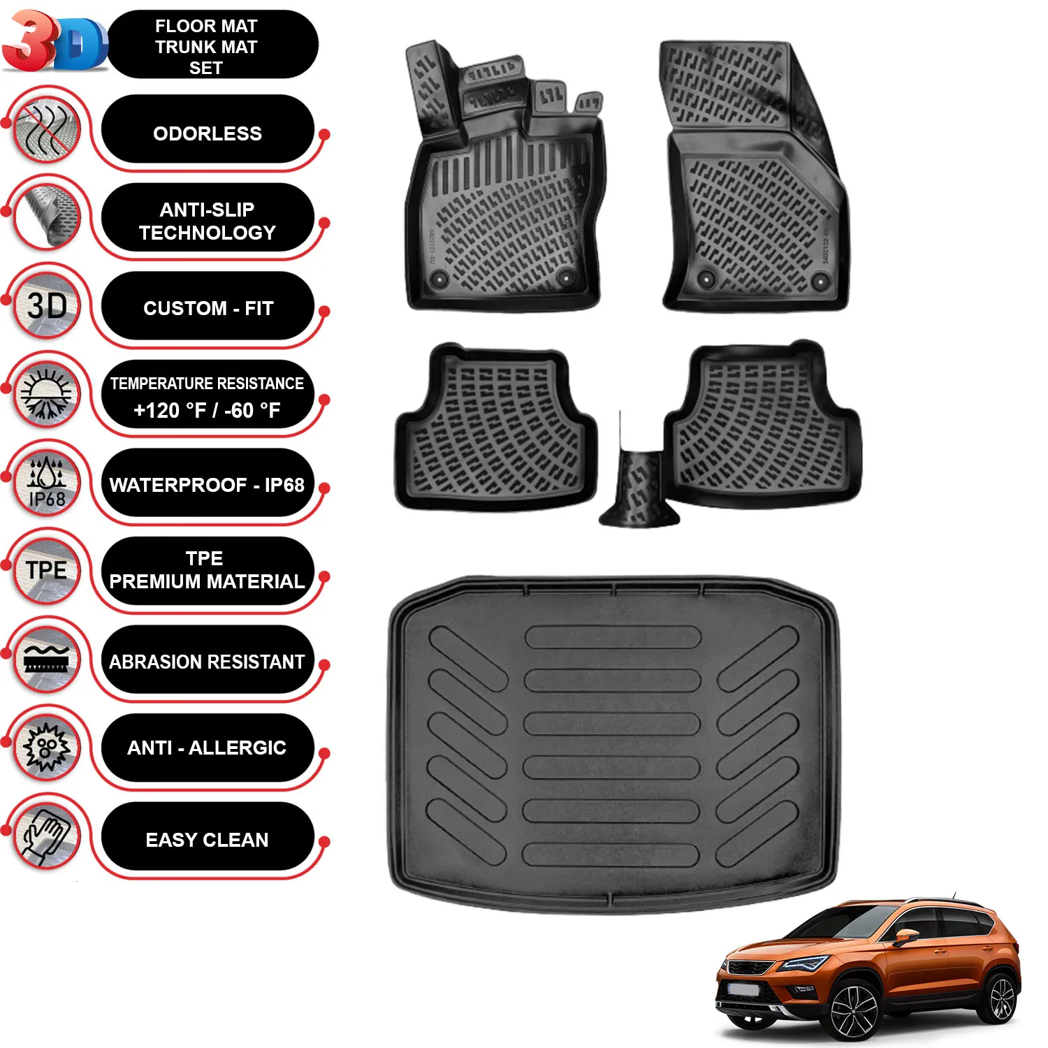 

Seat Ateca - (2016-2023) - Floor Mats + Cargo Trunk Liner - SET - (Black)