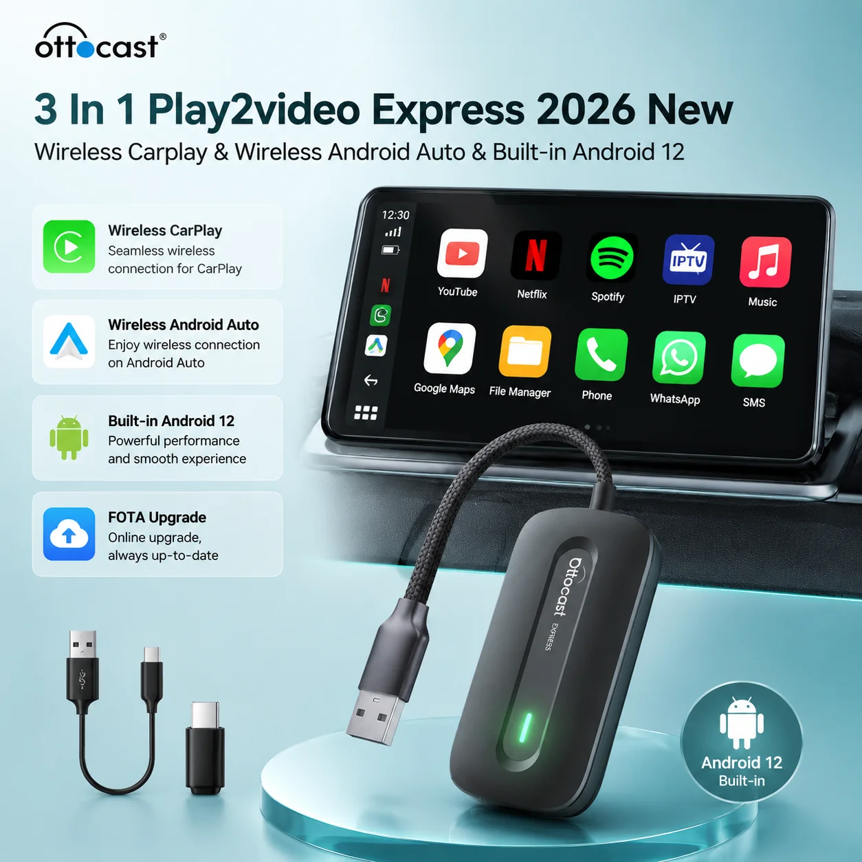 Ottocast 2026 Play2Video Express Carplay Adapter Wireless CarPlay Android Auto Streaming Adapter with YouTube Netflix Spotify IPTV For Audi Kia Play Plug Fast Shipping From Spain