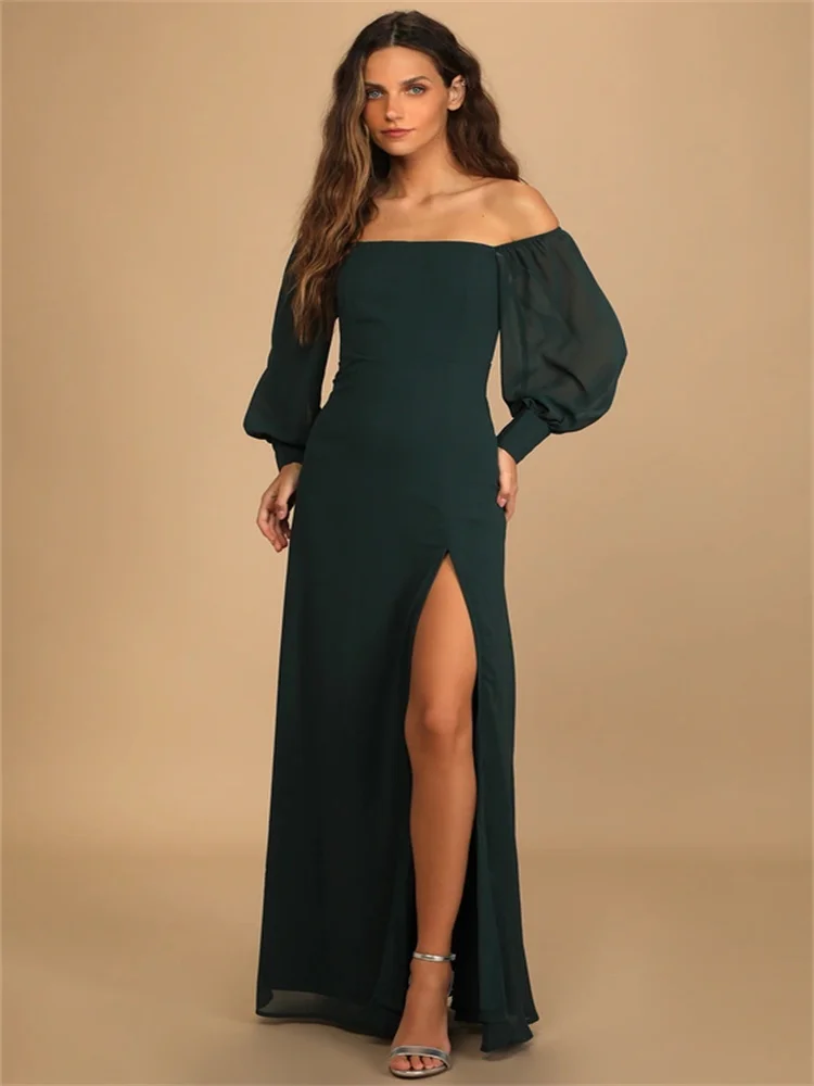 New Arrival Off Shoulder Neckline Half Sleeves Satin Evening Dress Sexy Open Back Zipper Floor Length High Slit Gown For Women