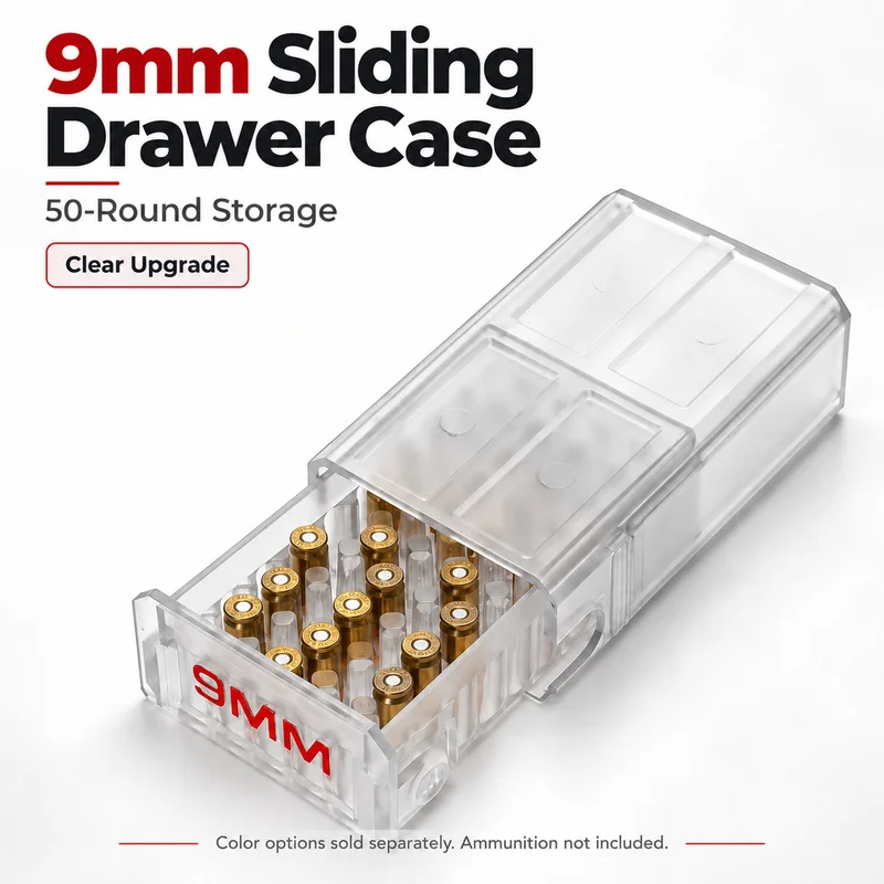 50 Round 9mm Ammo Box ABS Sliding Drawer Storage Case Stackable Cartridge Holder For Hunting Range Gear