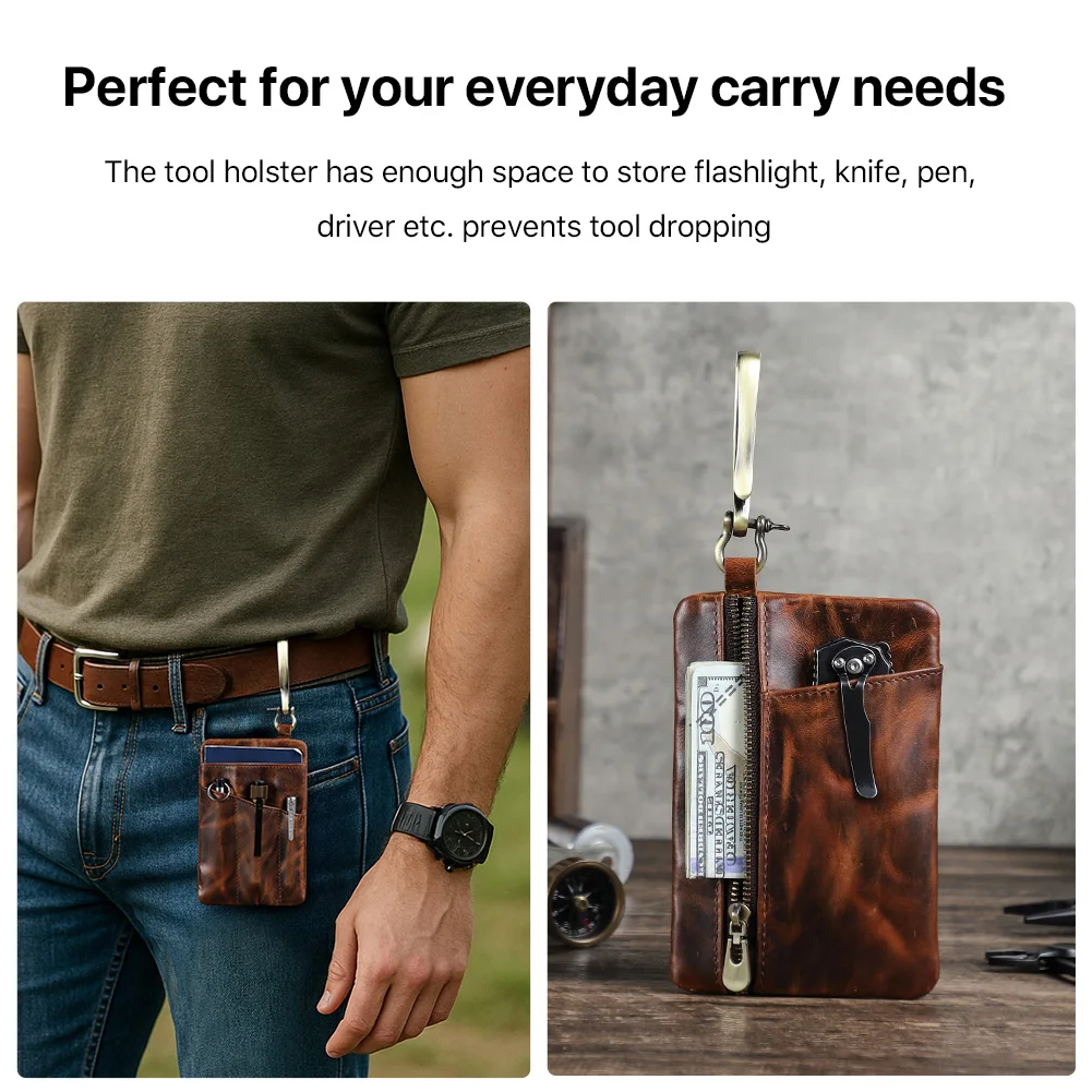 Hiram Genuine Leather Outdoor EDC Molle Pouch Wallet Mini Portable Key Card Case EDC Pouch Waist Bag Purse