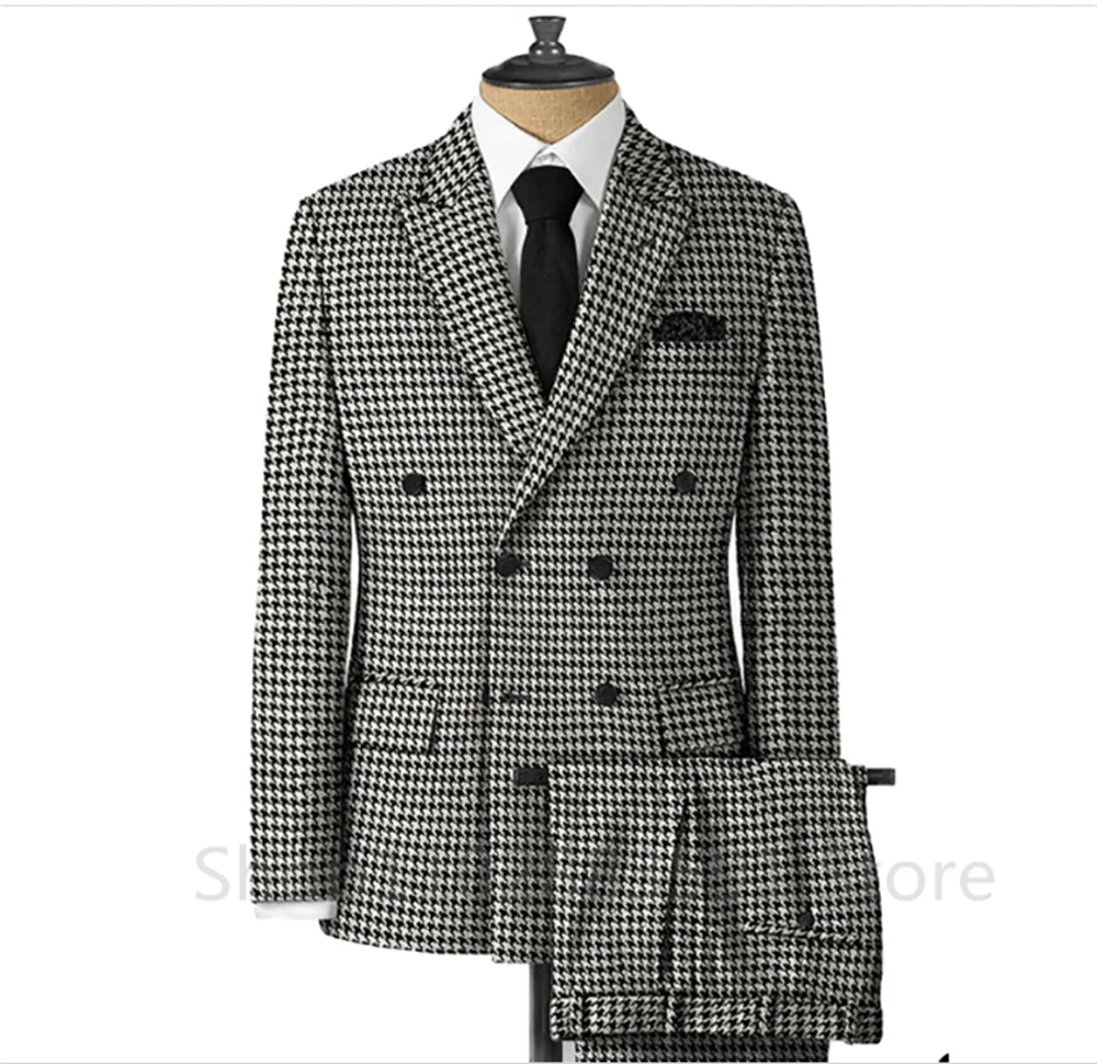 Plaid Men Suits for Wedding/Business Slim Fit 2 Piece Houndstooth Checkered Groom Tuxedos Male Fashion Clothes Jacket with Pants