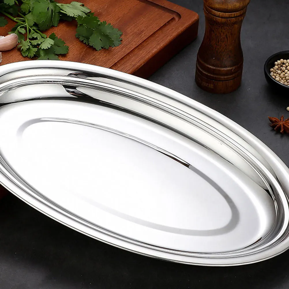 

2pcs Stainless Oval Plate Restaurant Food Plate Durable Heat-Resistant Serving Dish For Steak Fish Fruit Dessert Kitchen Use