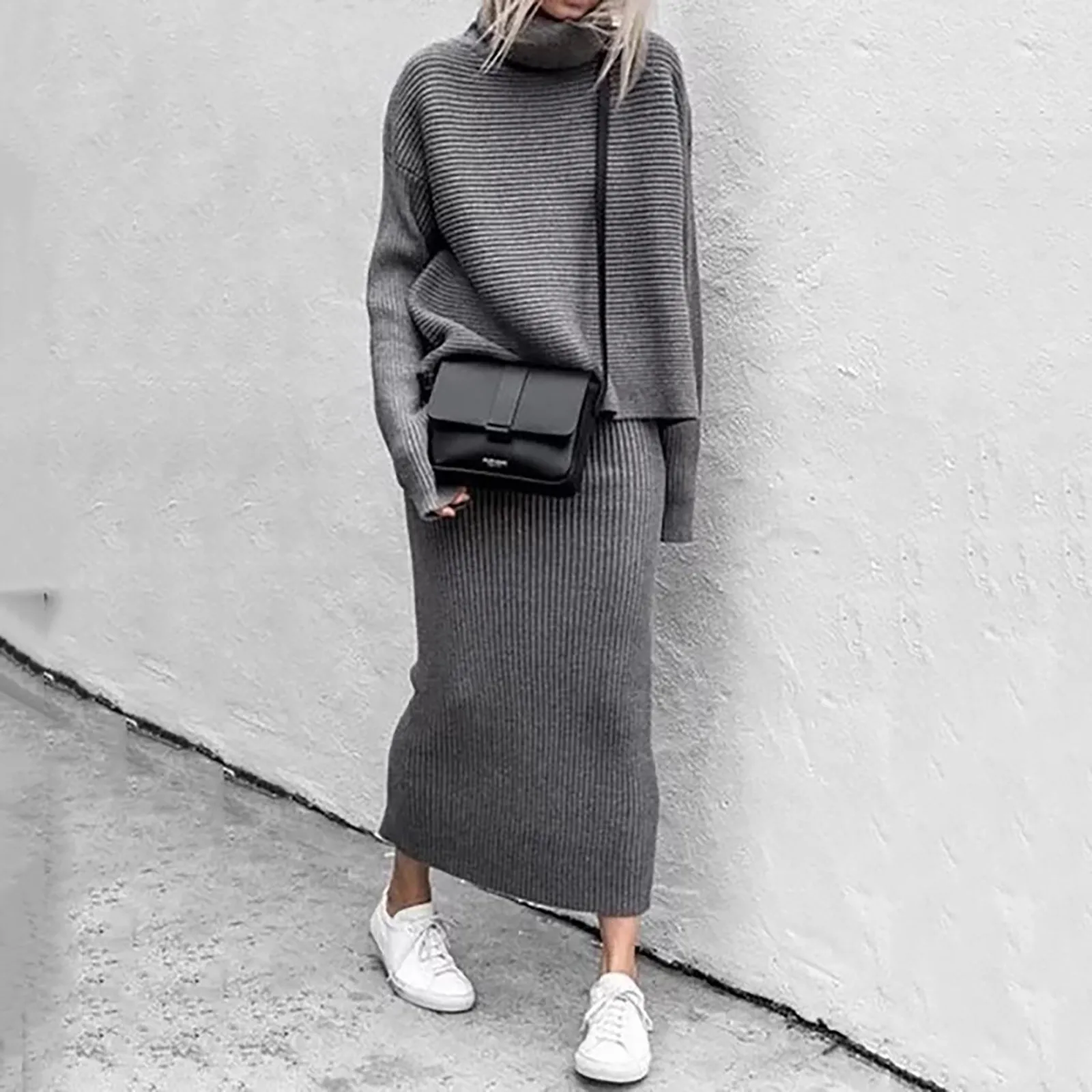 Two Piece Skirt Sets Knit Sweaters Spliced Full Sleeve Turtleneck Long Skirts Suits A Line Matching Set Solid Loose Fit Sports