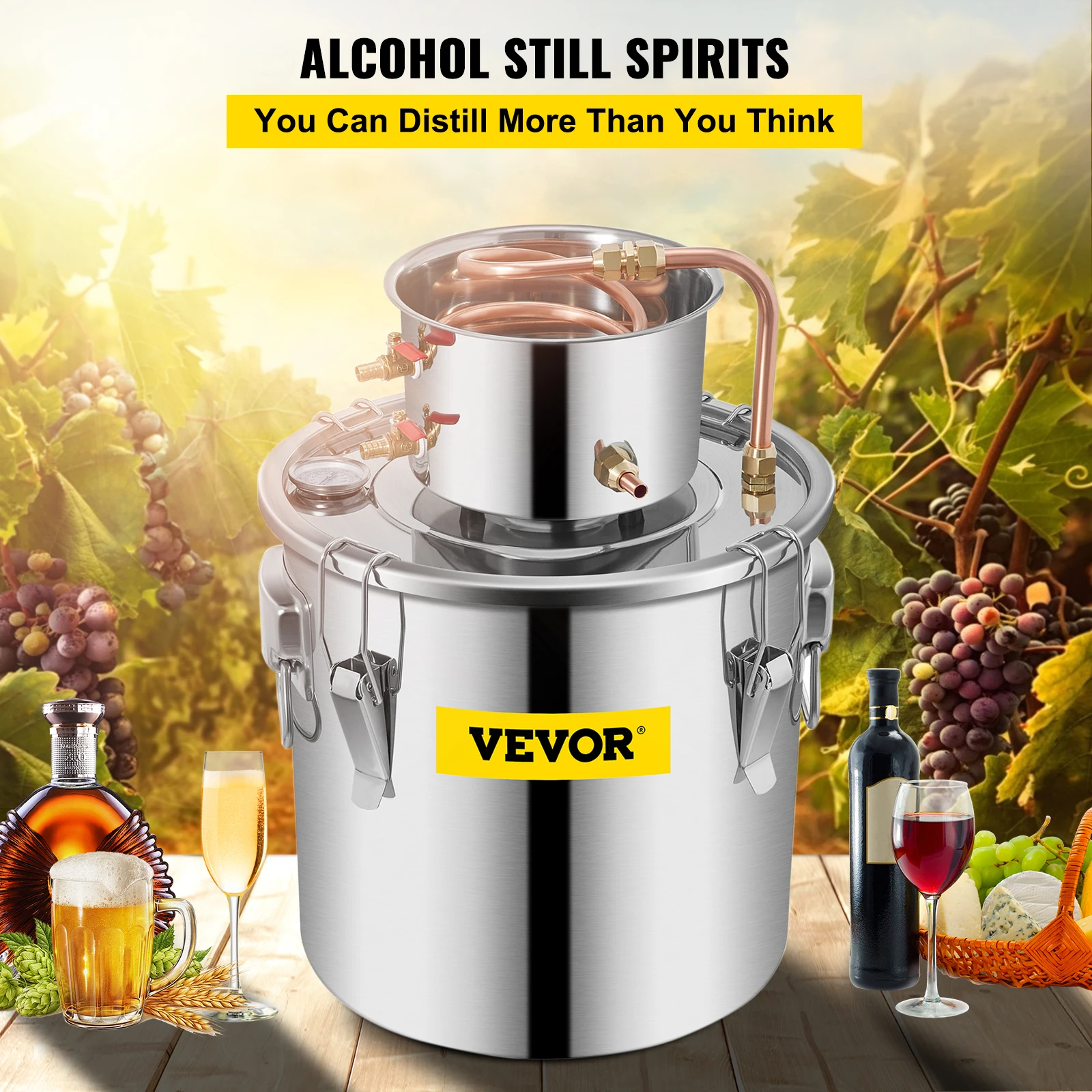 VEVOR Moonshine Still 9,6 галлонов, 38 л, нержавеющая сталь, водяной спиртовой дистиллятор, медная трубка, стандартный встроенный термометр