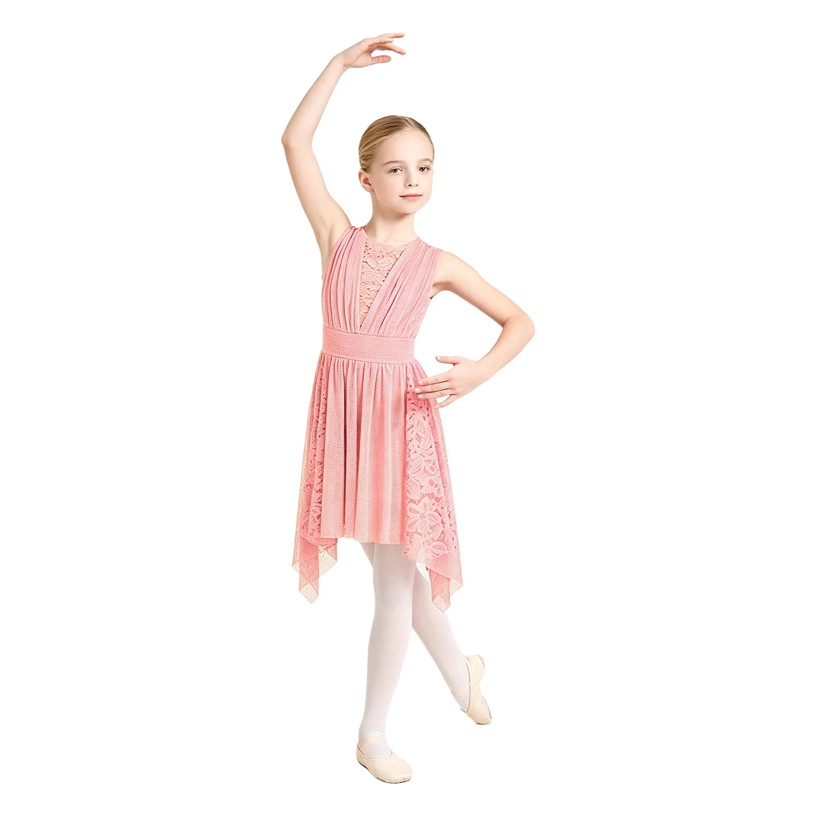 Kids Girls Lyrical Dance Costume Floral Lace Ballet Dress Sleeveless Shimmery Mesh Dress for Performance Dancewear Skating Dress