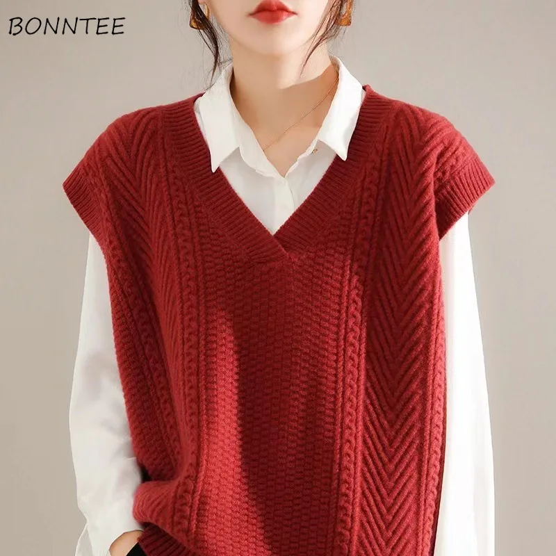 

Sweater Vest Women Jacquard Knitted V-neck All-match Casual Popular Ins Outerwear Autumn Korean Fashion Simple Classic Daily