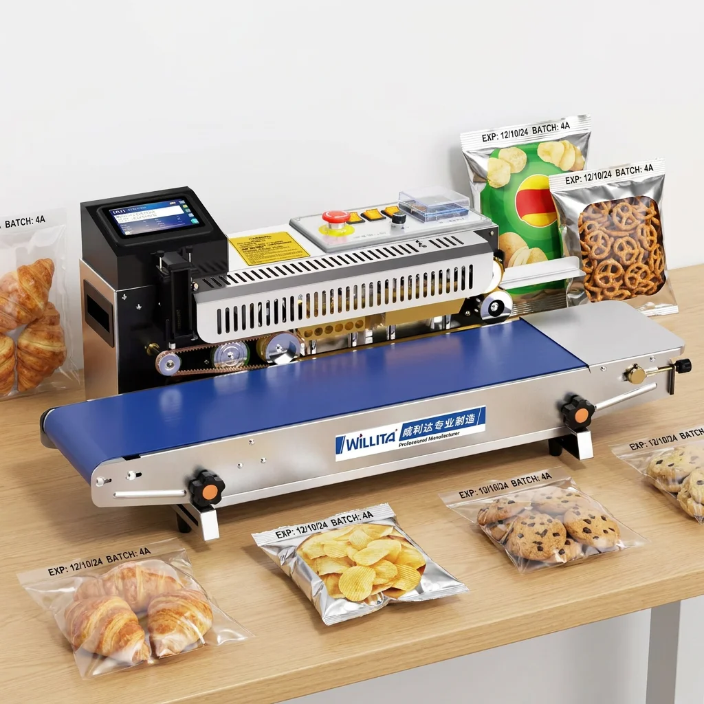 Automatic Pouch Sealer Inkjet Print Continuous Band Sealing Machine For Plastic Polybag Aluminum Foil Film Paper Bags Coding