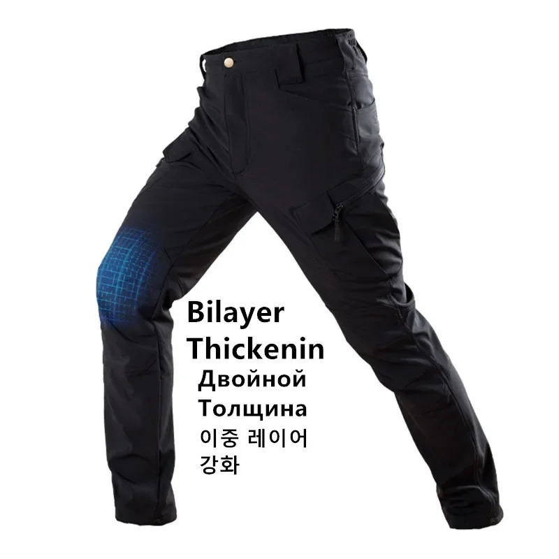 Winter Knee Double Layer Thickened Waterproof Soft Shell with Plush and Wear-resistant Tactical Training Outdoor Camping Pants