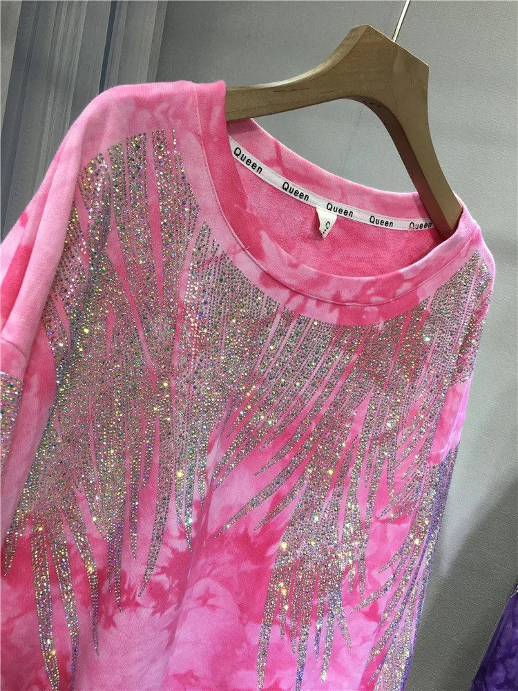 Oversized Diamonds Pullover Hoodies Women Autumn Sweater Fashion Pure Color Tie-dyed Loose Casual Sweatshirts Куртка Осенняя