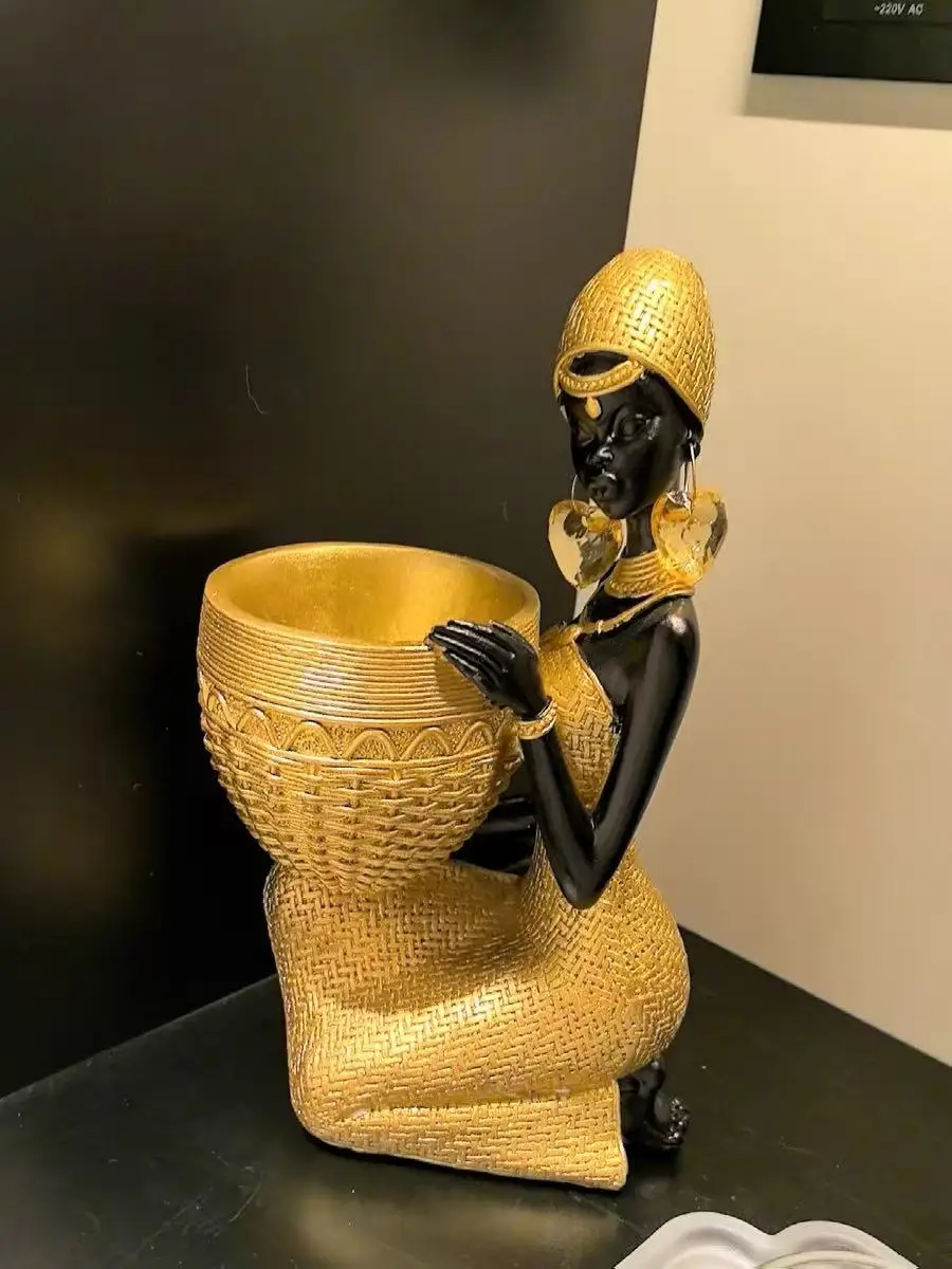 

Elegant Golden Black African Statue, Woven Texture Resin Figure for Living Room Floor Decor, Modern Cultural Statement Piece