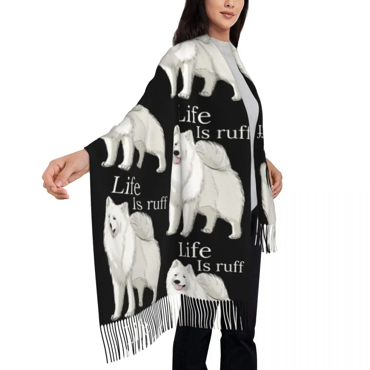 Samoyed Life Is Ruff Scarf Tassel Scarves for Women Soft Warm Shawls and Wraps Long Fall Winter Shawl Wrap