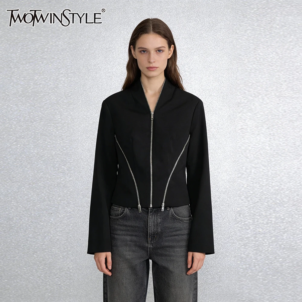 

TWOTWINSTYLE Music Festivals Black Cropped Jackets for Women Stand Collar Long Sleeves Zip Front Accent for Edgy Street Style