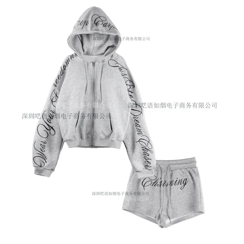 Streetwear Script Print Zip Hoodie & Shorts Set Frauen Grau/Schwarz Lose Casual 2 Stück Outfit 2025 Neue Mode