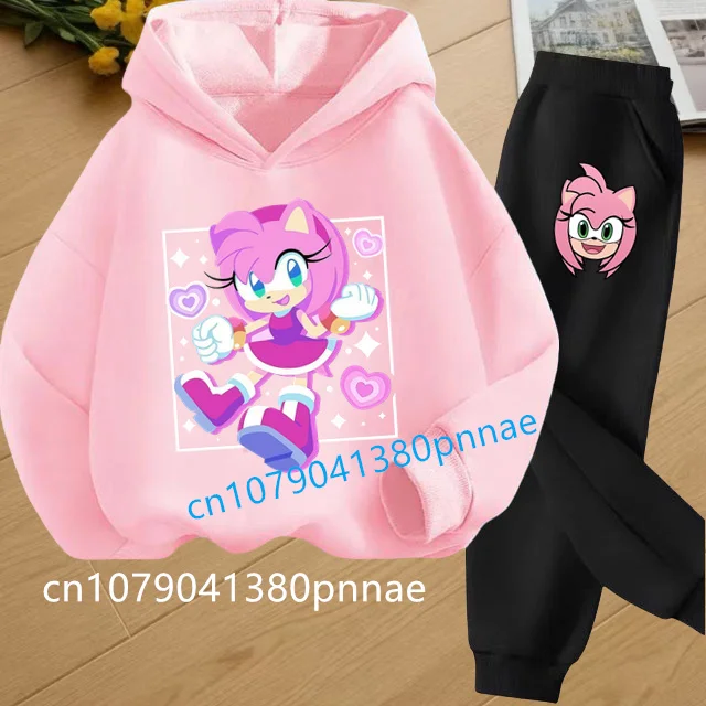 

Girls Aged 3-13 Children's Anime Cartoon Sonic Letter Printed Autumn Warm Coat Sonic Hoodie+Pants Sports Set for Boys Clothes