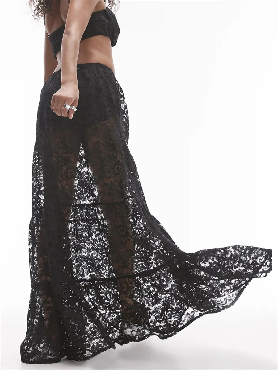 Nowa moda Koronkowe spódnice Maxi Kobiety Wysoka talia Przezroczysta elegancka długa spódnica Wszechstronny jednolity kolor Luźny Casual Jesień Zima — zdjęcie 3