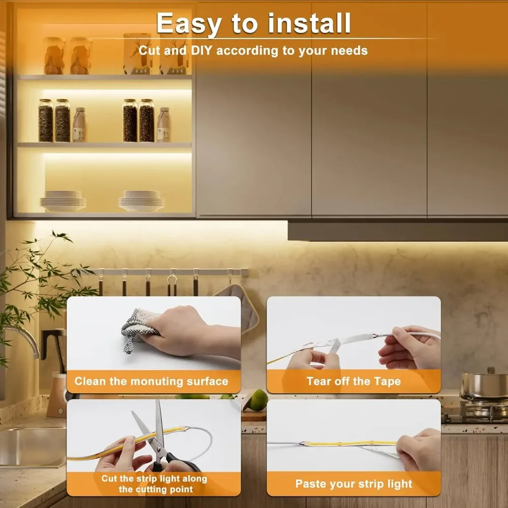 12V COB LED 스트립 라이트 320Leds/m 캐비닛 아래 조명 전시대 책장 옷장 램프 테이프 2선/DC/듀얼 포트 커넥터