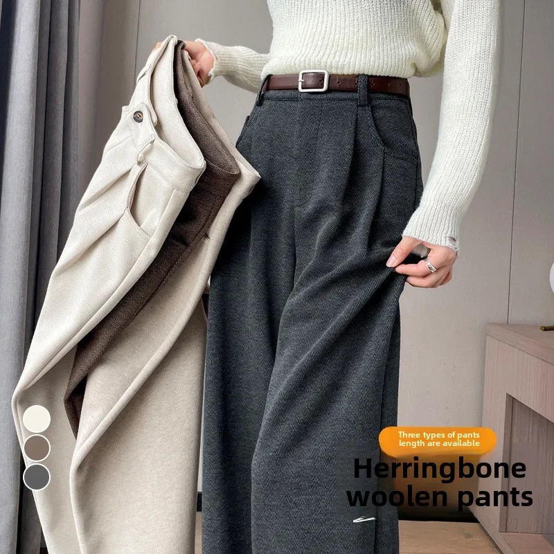 ارتفاع الخصر صوف مبطن بنطال ذو قصة أرجل واسعة الخريف الشتاء نمط جديد بناطيل كاجوال المرأة الطابق طول السراويل نمط المدينة #3