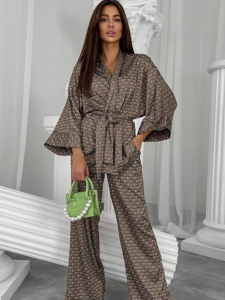 Linad Print Women\'s Home Clothes 2 Piece Sets Loose Three Quarter Sleeve Sleepwear Female Casual Trouser Suits Spring 2023