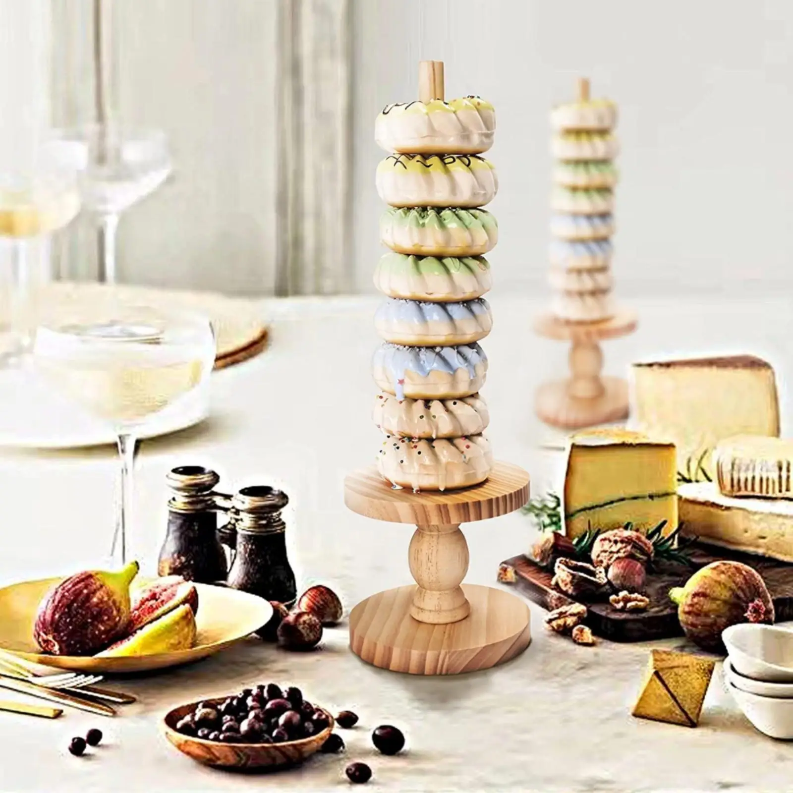 Wooden Dessert Display Stand Donut Stacking Holder Vertical Pastry Rack Round Base for Tea Tables