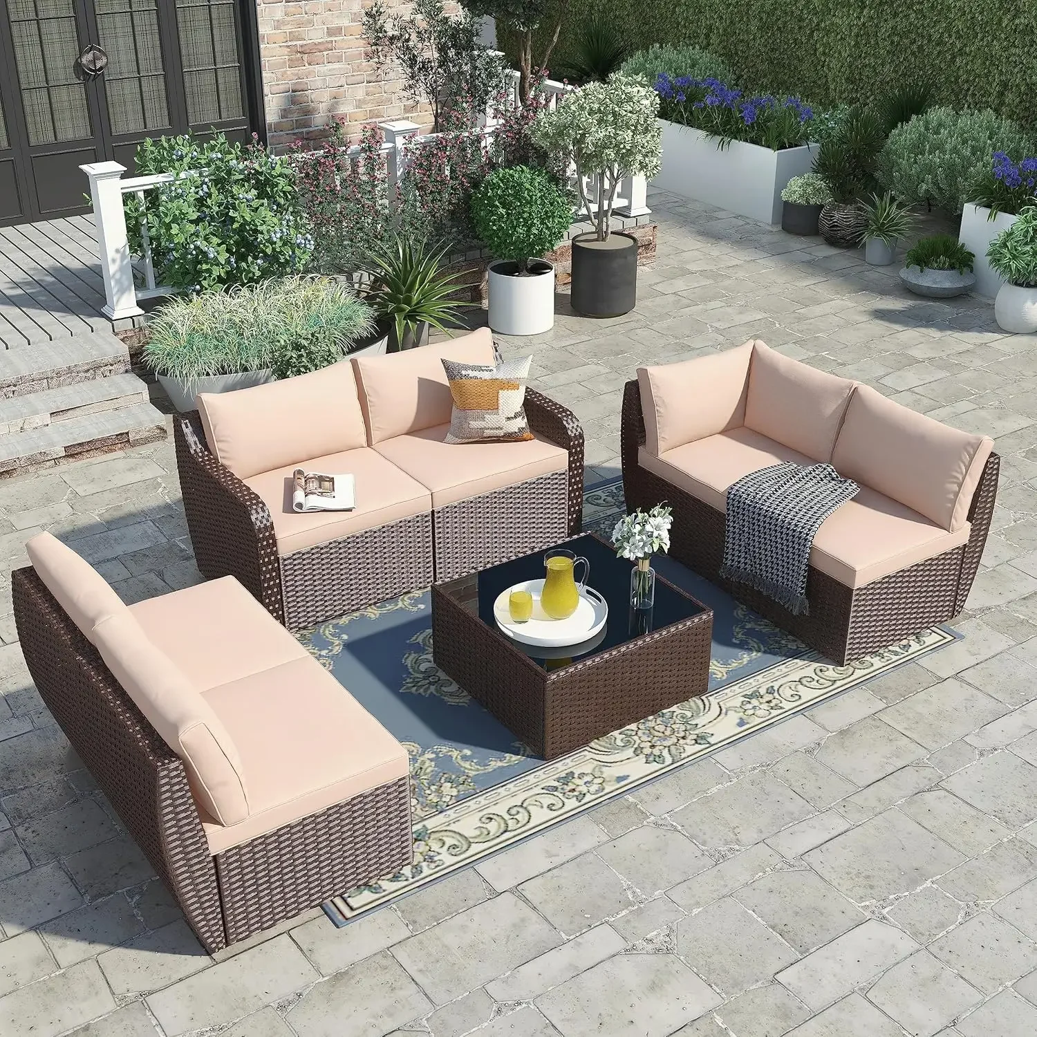 7 Piece Patio Furniture Set, PE Rattan Sectional Sofa High Back Outdoor Furniture Set Wicker Patio Conversation Set with Cushion