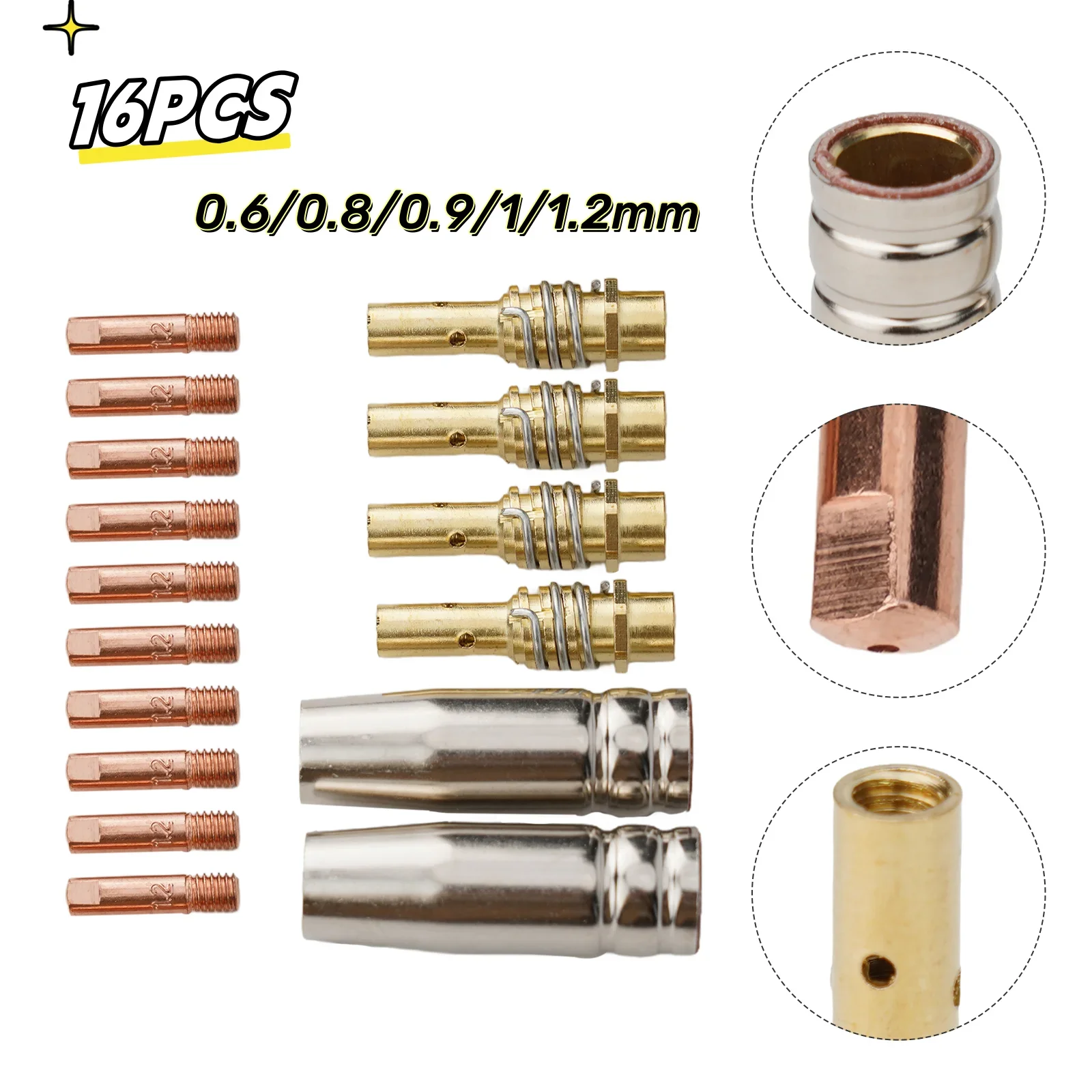 

16PCS MB15 15AK MIG Welding Contact Tip 0.6mm 0.8mm/0.9mm/1.0mm/1.2mm Protective Nozzle Riloon Riland Jasic Welding Accessories