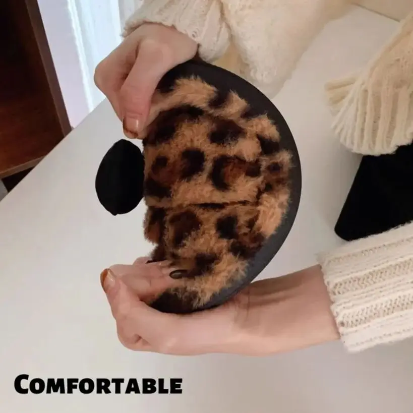 Anti-slip Autumn Winter Home Furry Slippers Women's High-end Leopard Print Bow Tie Outdoor Two-word Cotton Slippers