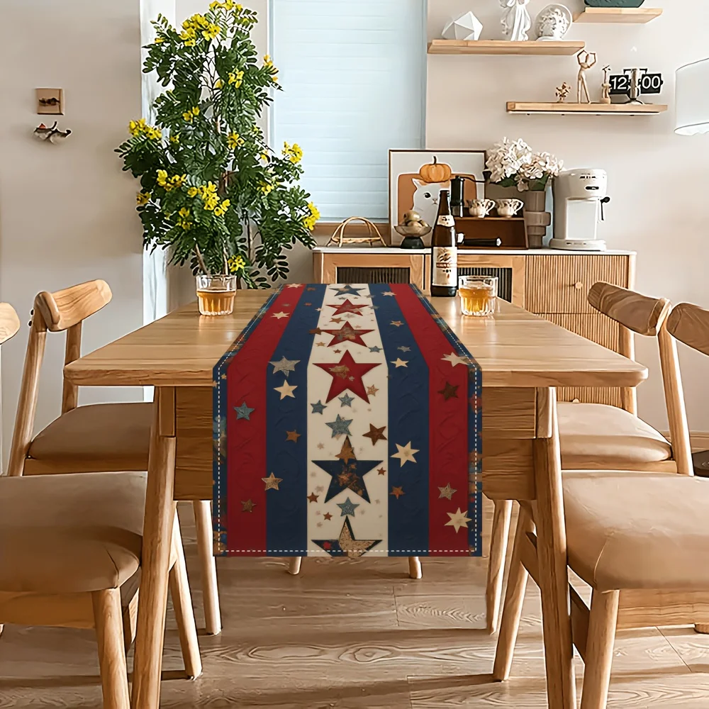 1-Piece American Flag Print Table Runner, Red & Blue Star Stripe Pattern, Patriotic Holiday Dining Table Runner